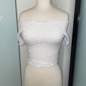 Roberta Oaks Smocked Off-Shoulder Crop Top, White